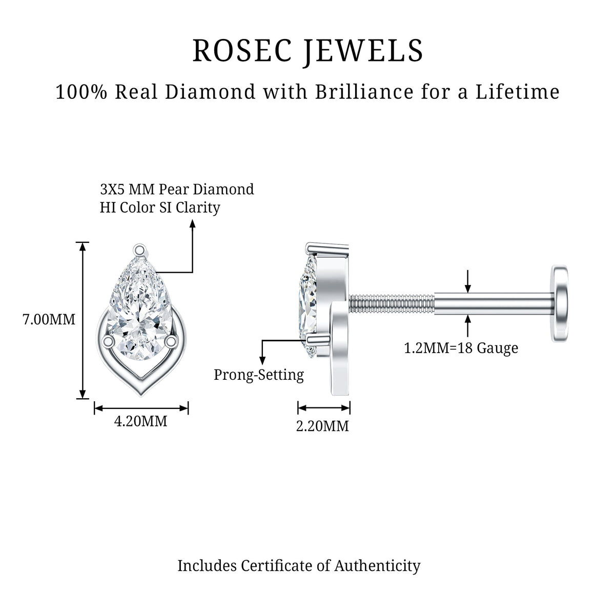 Pear Shape Diamond Solitaire Earring for Helix Piercing