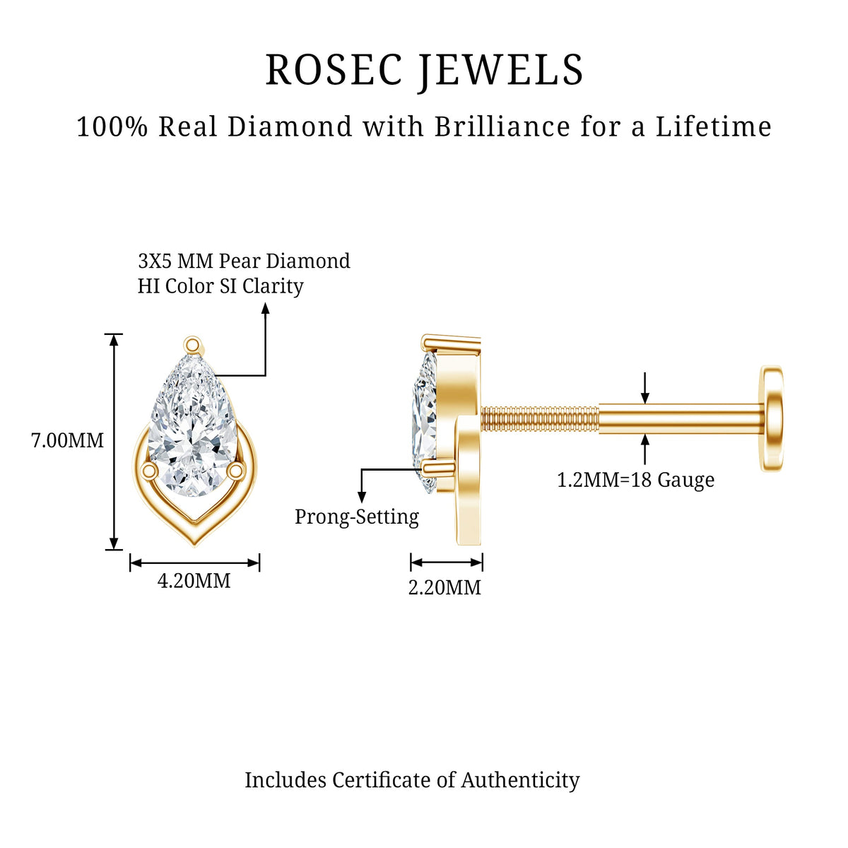 Pear Shape Diamond Solitaire Earring for Helix Piercing