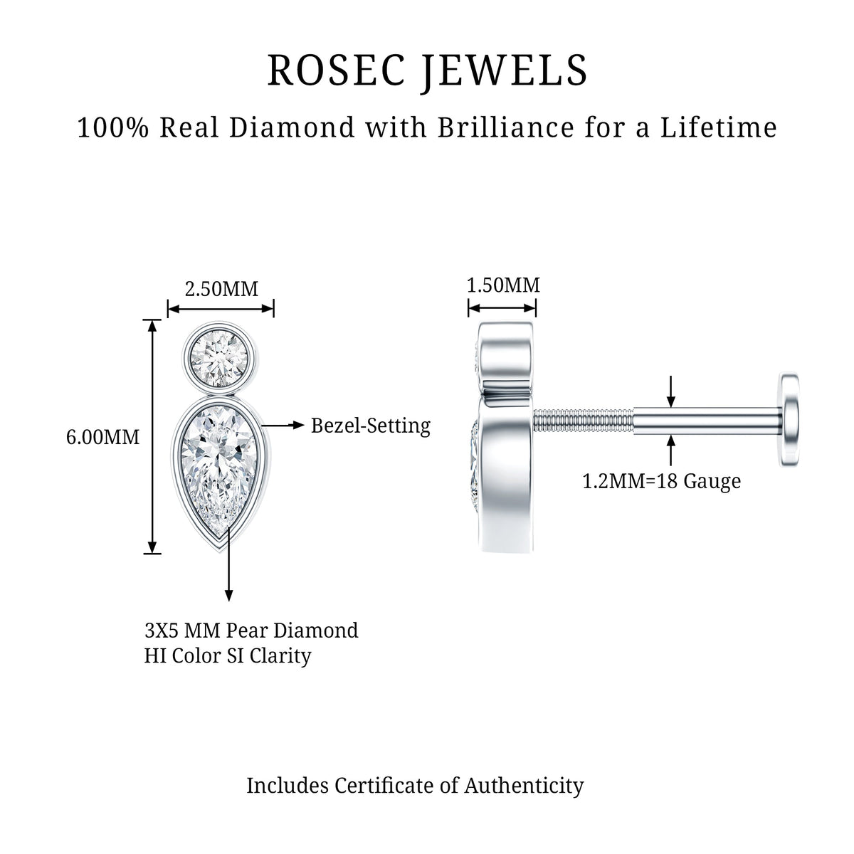 Minimal Pear Diamond Tragus Earring in Bezel Setting