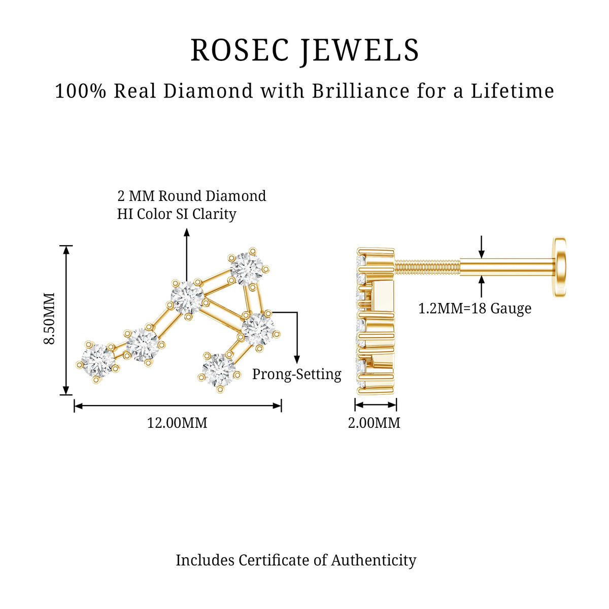 Certified Diamond Libra Constellation Piercing Earring
