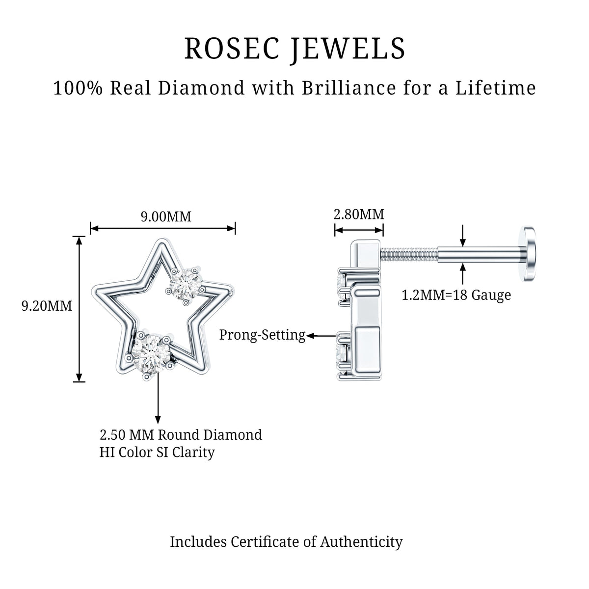 Certified Diamond Star Earring for Upper Lobe Piercing