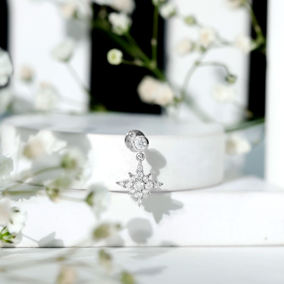 Moissanite Starburst Drop Earring for Cartilage Piercing
