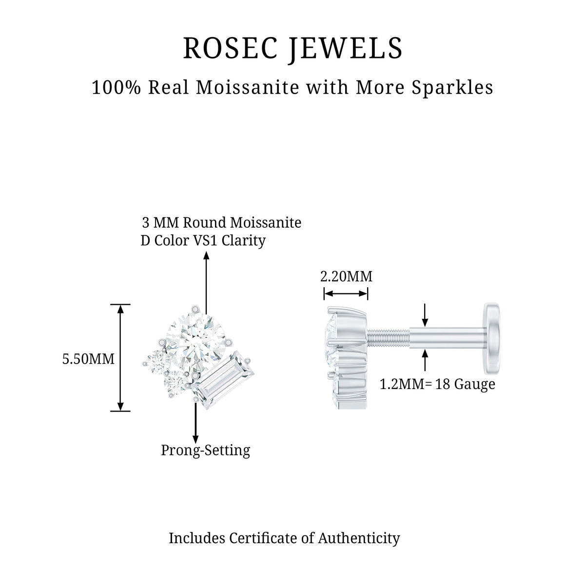 Baguette and Round Moissanite Cluster Tragus Earring