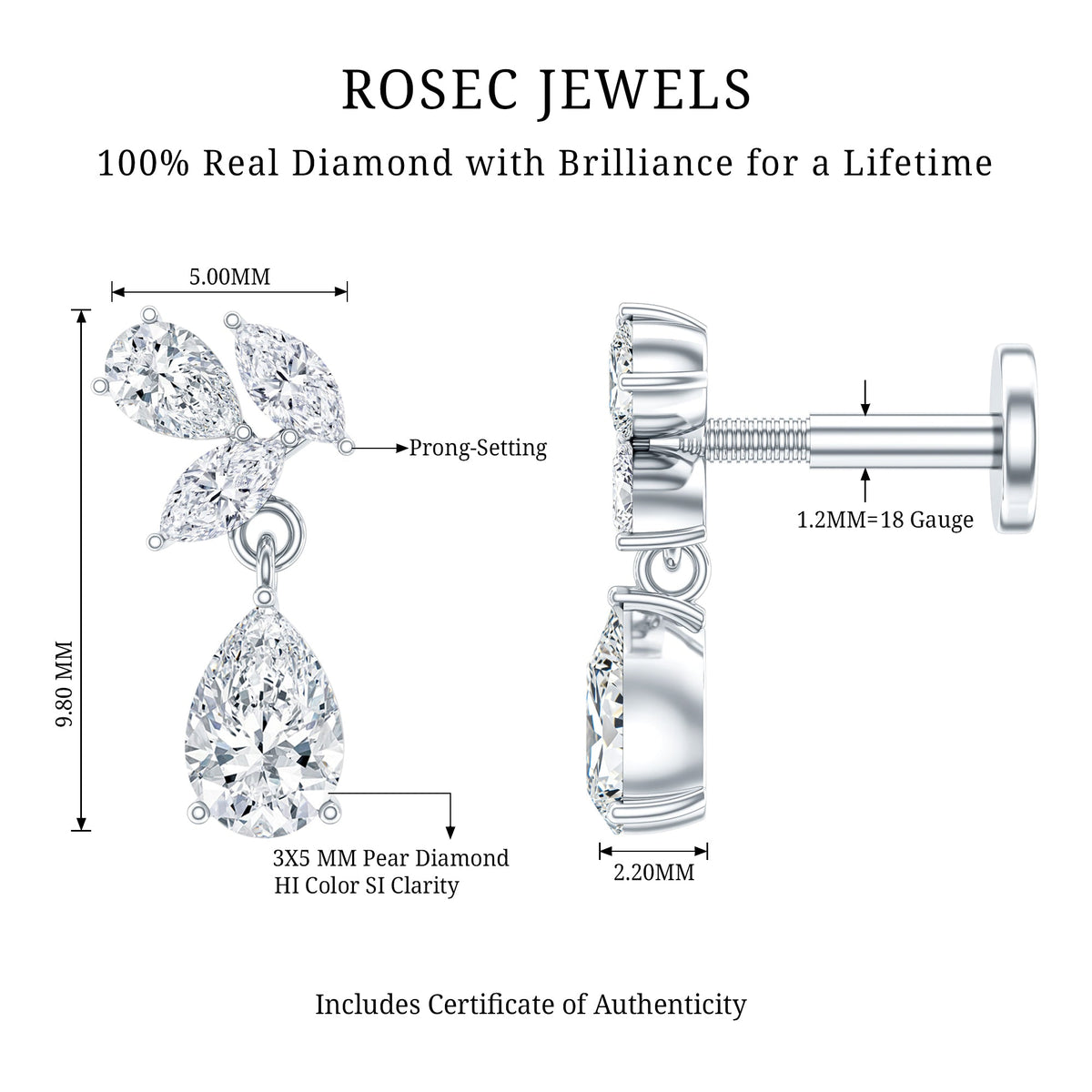Natural Diamond Teardrop Cartilage Earring With Certificate