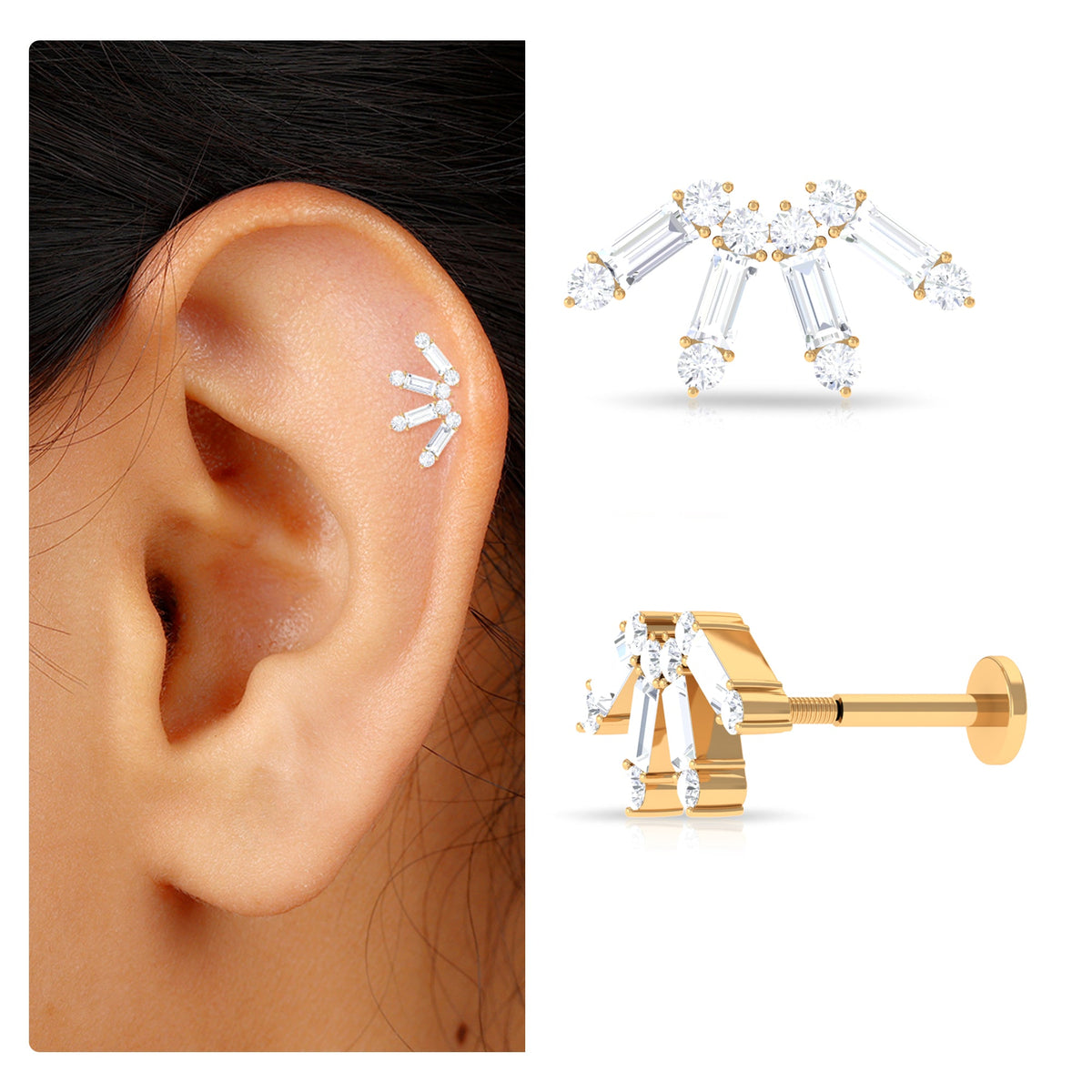 Baguette Diamond Fan Cartilage Earring
