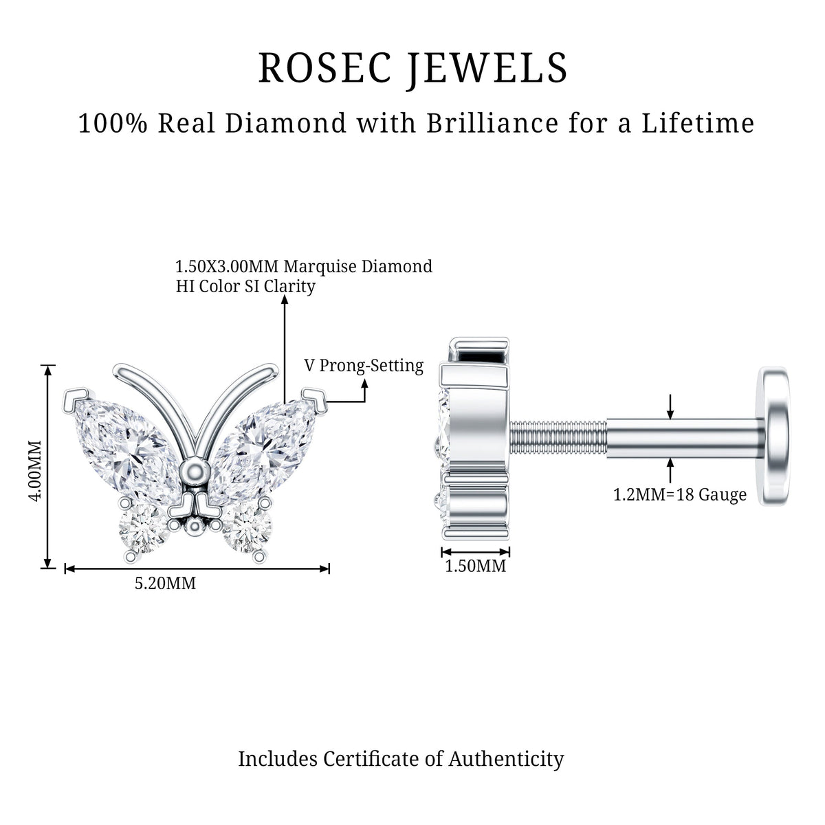 Natural Diamond Butterfly Earring for Helix Piercing