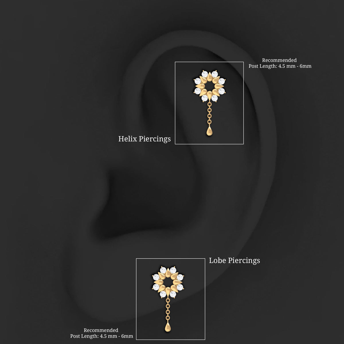 Moissanite Flower Chain Drop Earring for Cartilage Piercing
