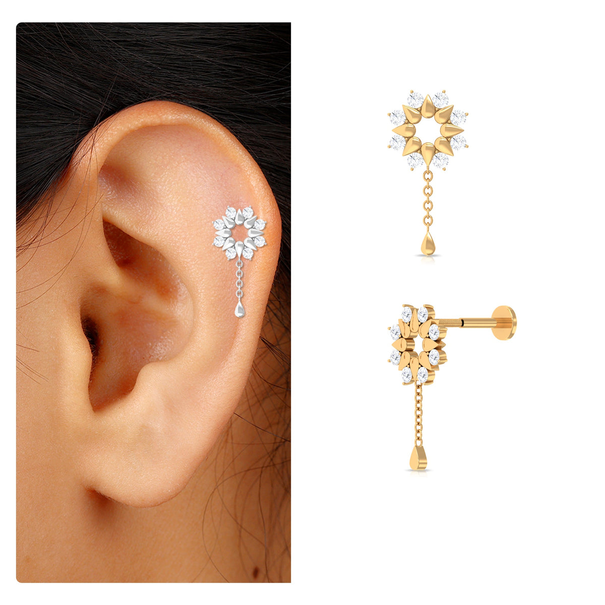 Moissanite Flower Chain Drop Earring for Cartilage Piercing