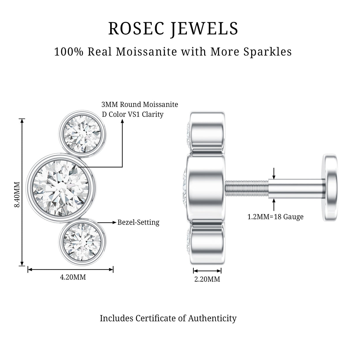 Certified Moissanite Three Stone Crawler Helix Earring