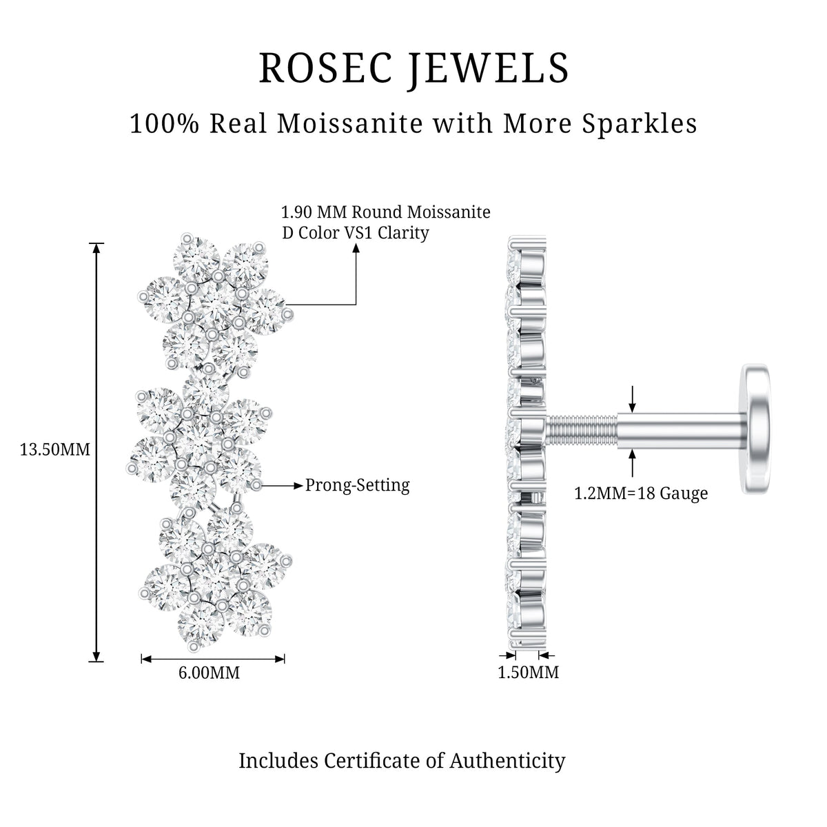 Certified Moissanite Flower Ear Crawler Earring for Women