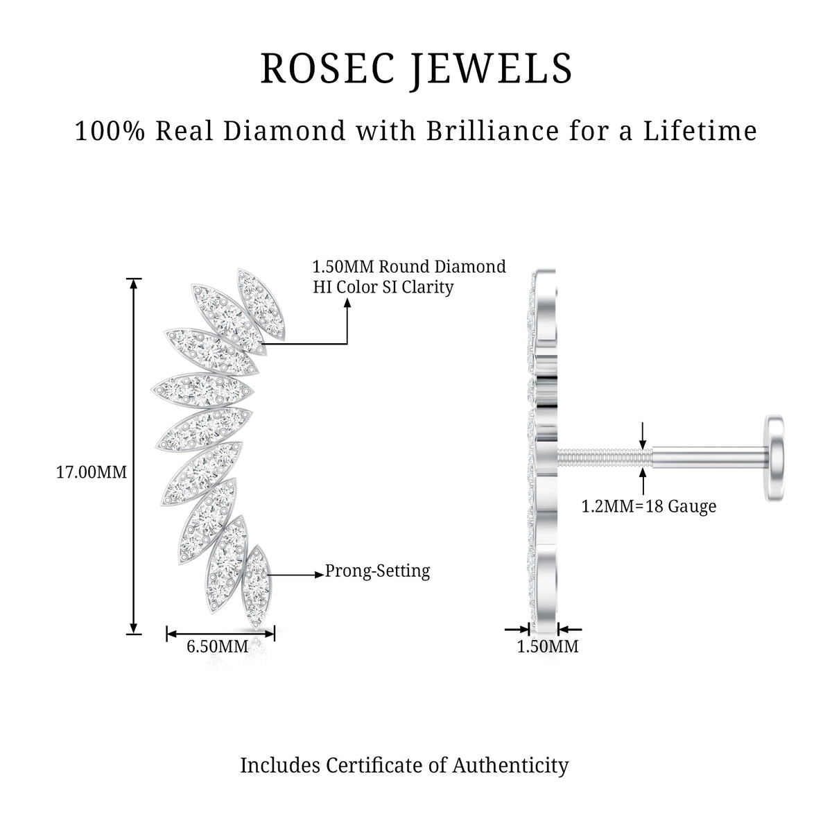 Diamond Wing Crawler Earring for Helix Piercing