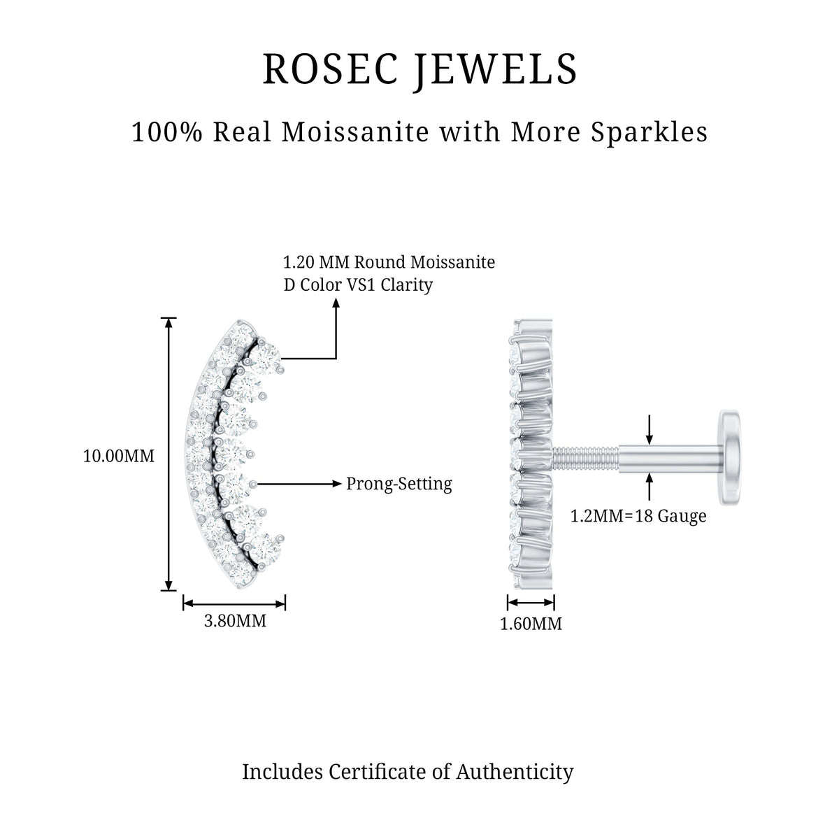 Certified Moissanite Curved Earring for Cartilage Piercing