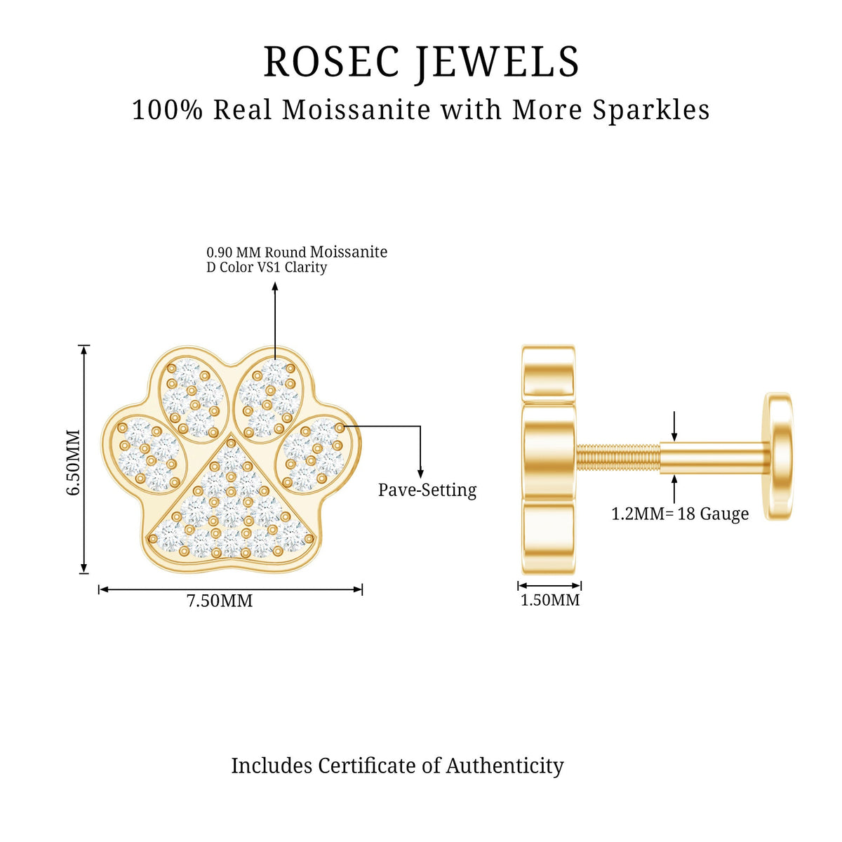 Moissanite Dog Paw Print Earring for Cartilage Piercing