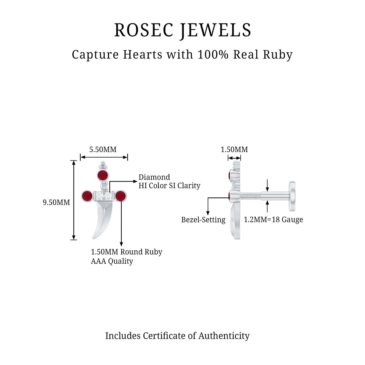 Real Ruby and Diamond Dagger Helix Earring