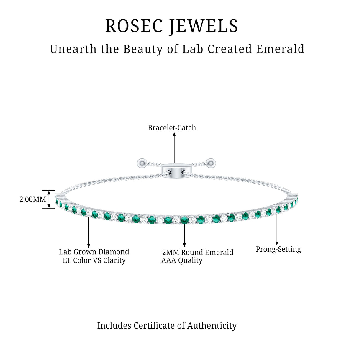 Certified Lab Grown Diamond and Emerald Bolo Bracelet For Wedding