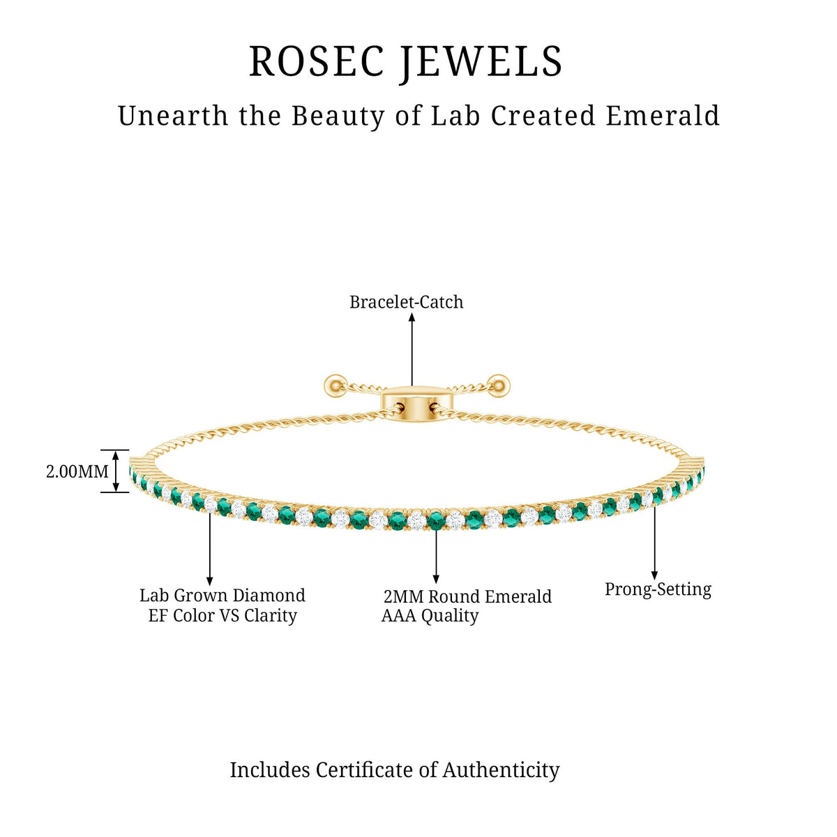 Certified Lab Grown Diamond and Emerald Bolo Bracelet For Wedding