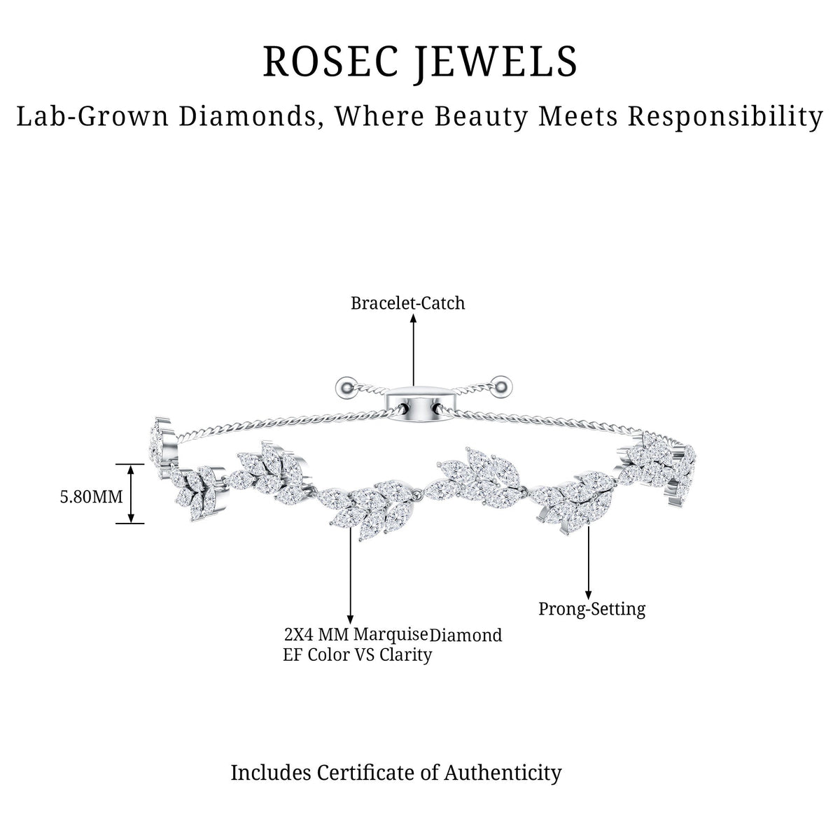 Certified Lab Grown Diamond Leaf Bolo Bracelet Adjustable