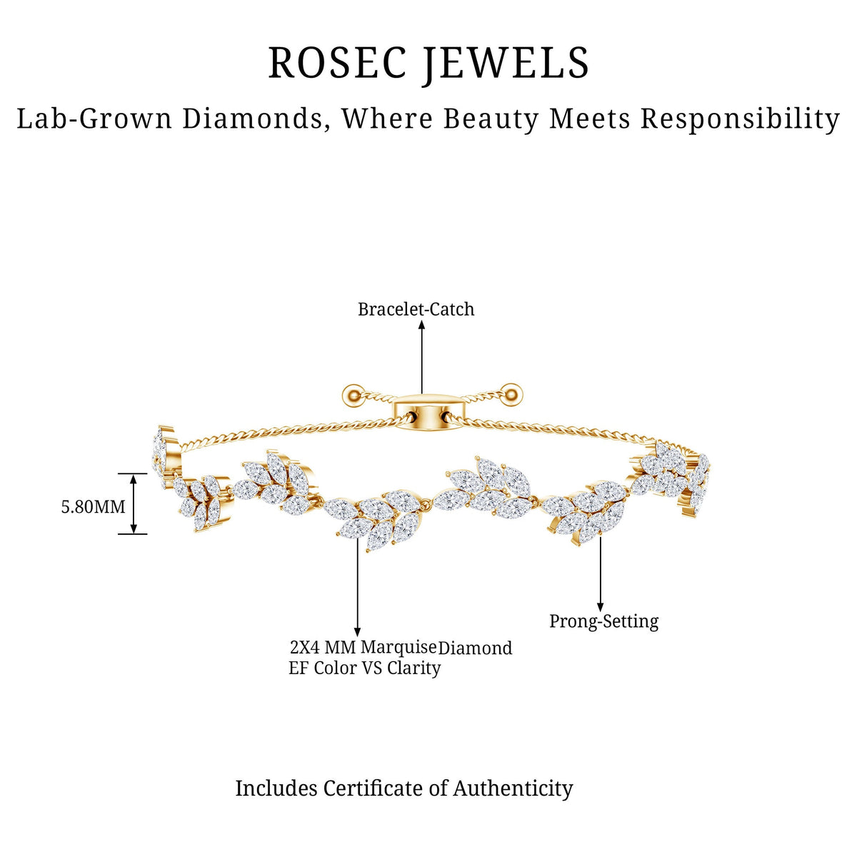 Certified Lab Grown Diamond Leaf Bolo Bracelet Adjustable