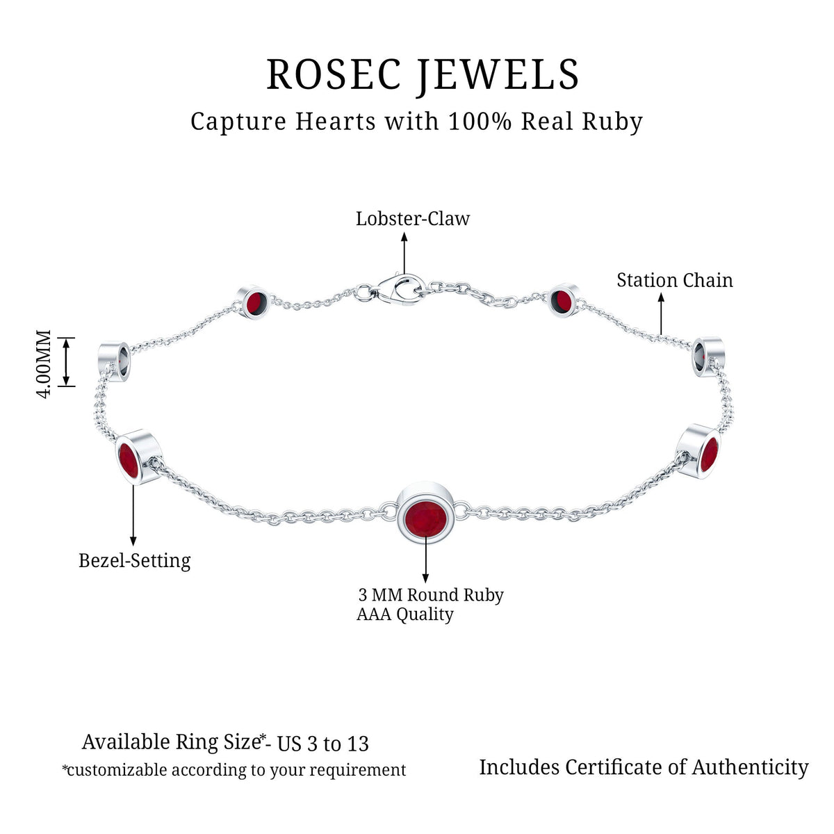 Natural Ruby 7 Stone Station Chain Bracelet for Women