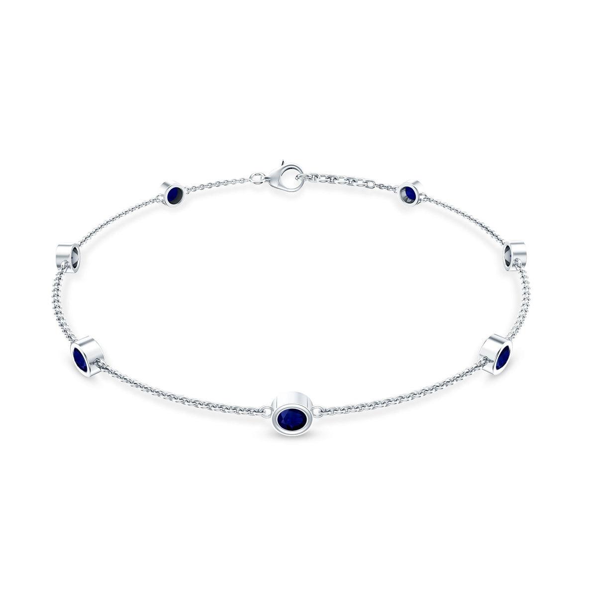 Natural Blue Sapphire 7 Stone Station Chain Bracelet