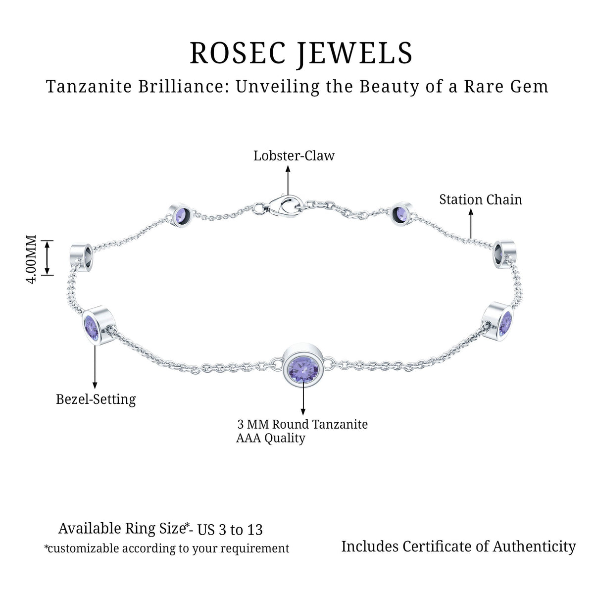 Certified Natural Tanzanite Chain Bracelet for Her