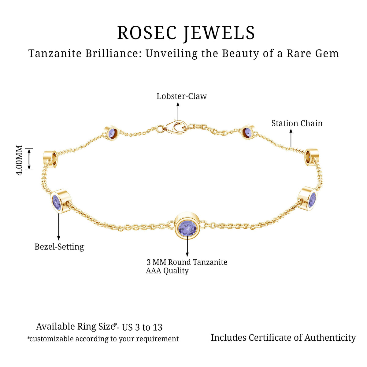 Certified Natural Tanzanite Chain Bracelet for Her