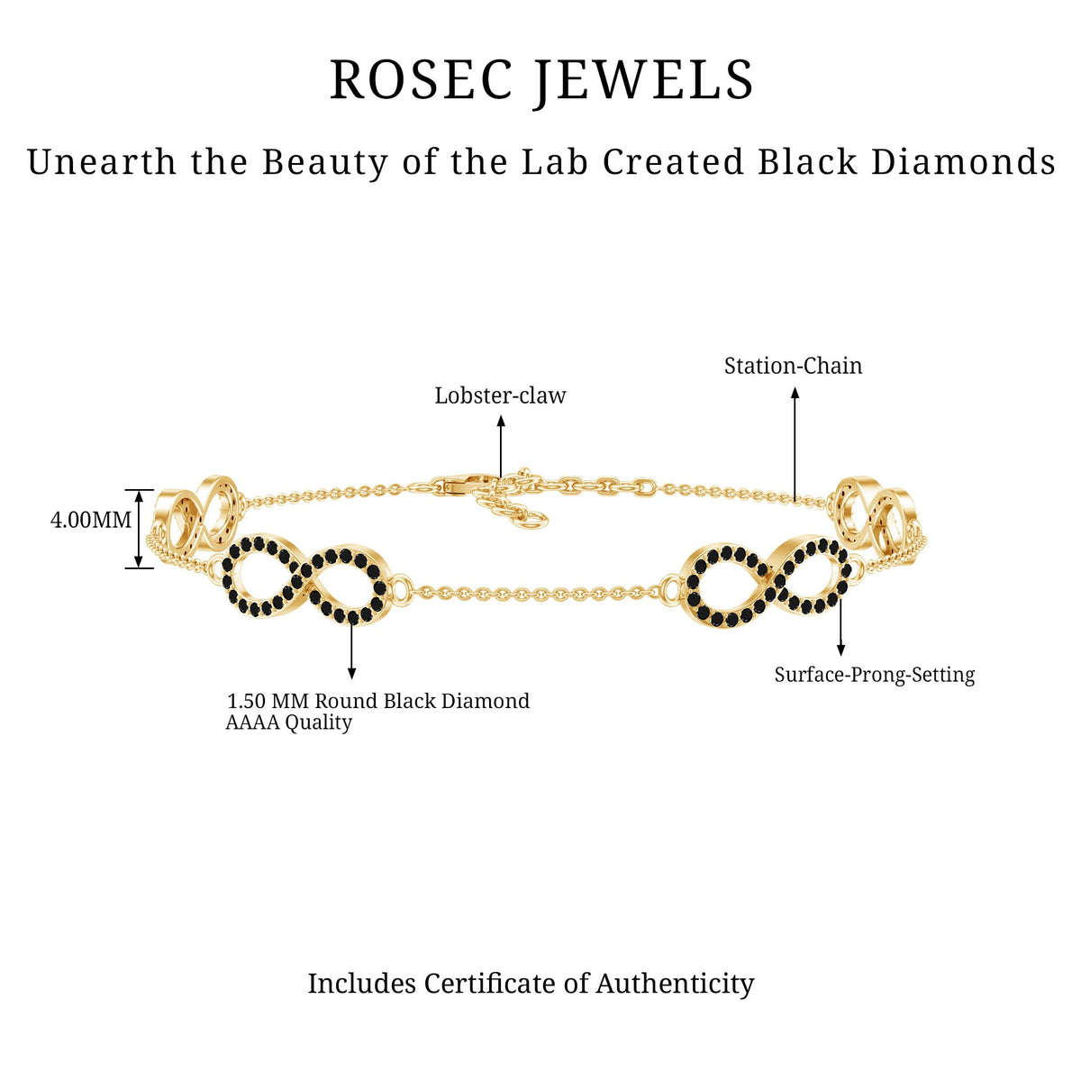 Certified Lab Grown Black Diamond Infinity Chain Bracelet