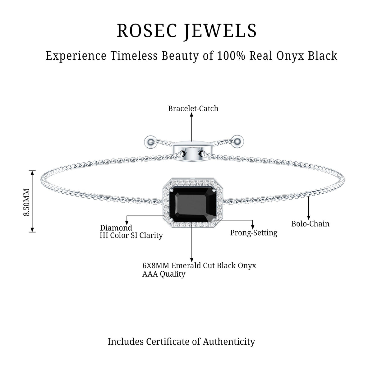 Natural 1.8 Carat Emerald Cut Black Onyx Bolo Bracelet with Diamond Halo