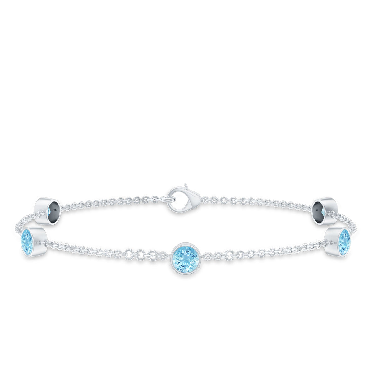 Real Aquamarine Station Chain Bracelet in Bezel Setting