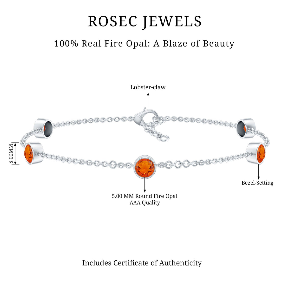 Real Fire Opal Five Stone Station Chain Bracelet in Bezel Setting