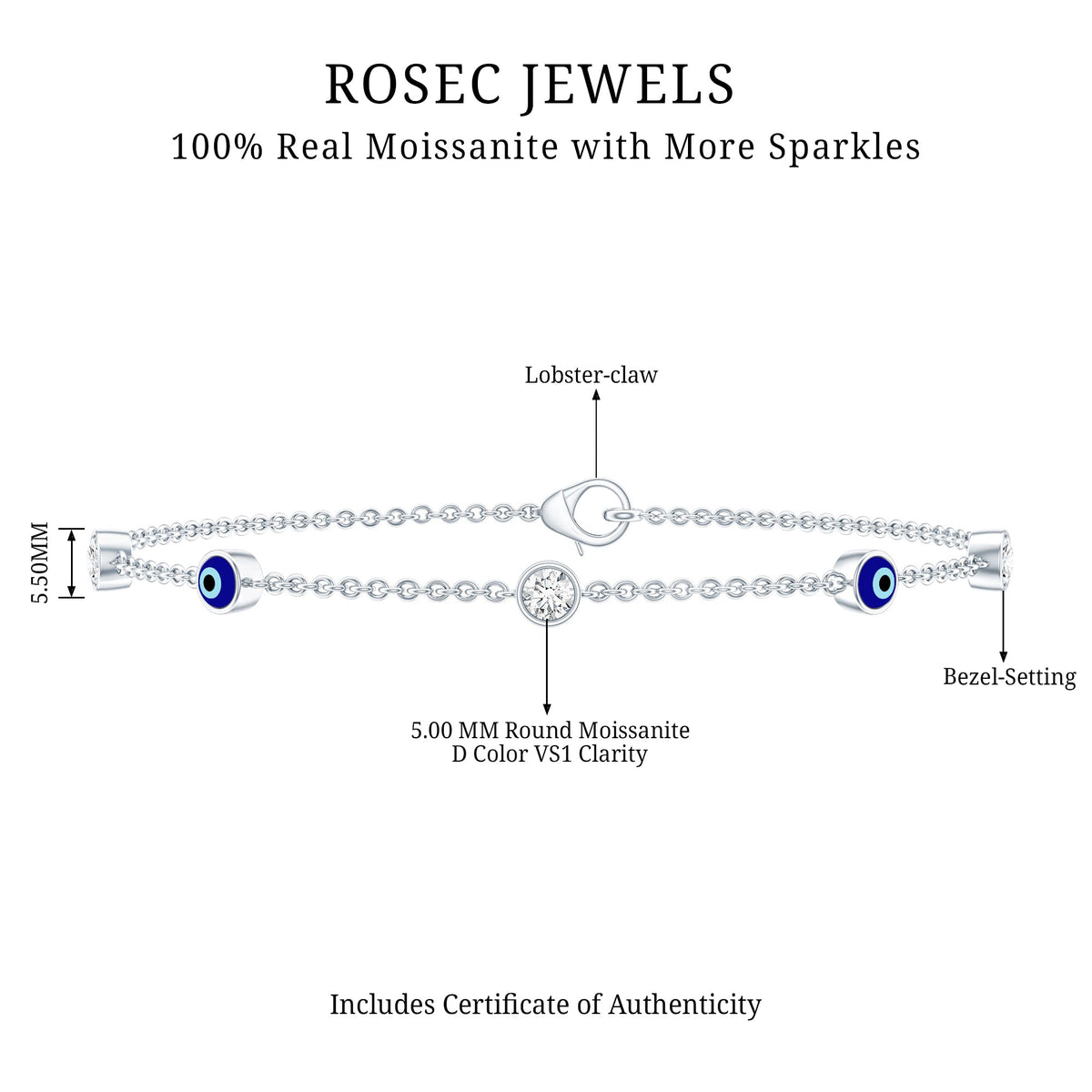 Certified Moissanite and Evil Eye Station Chain Bracelet