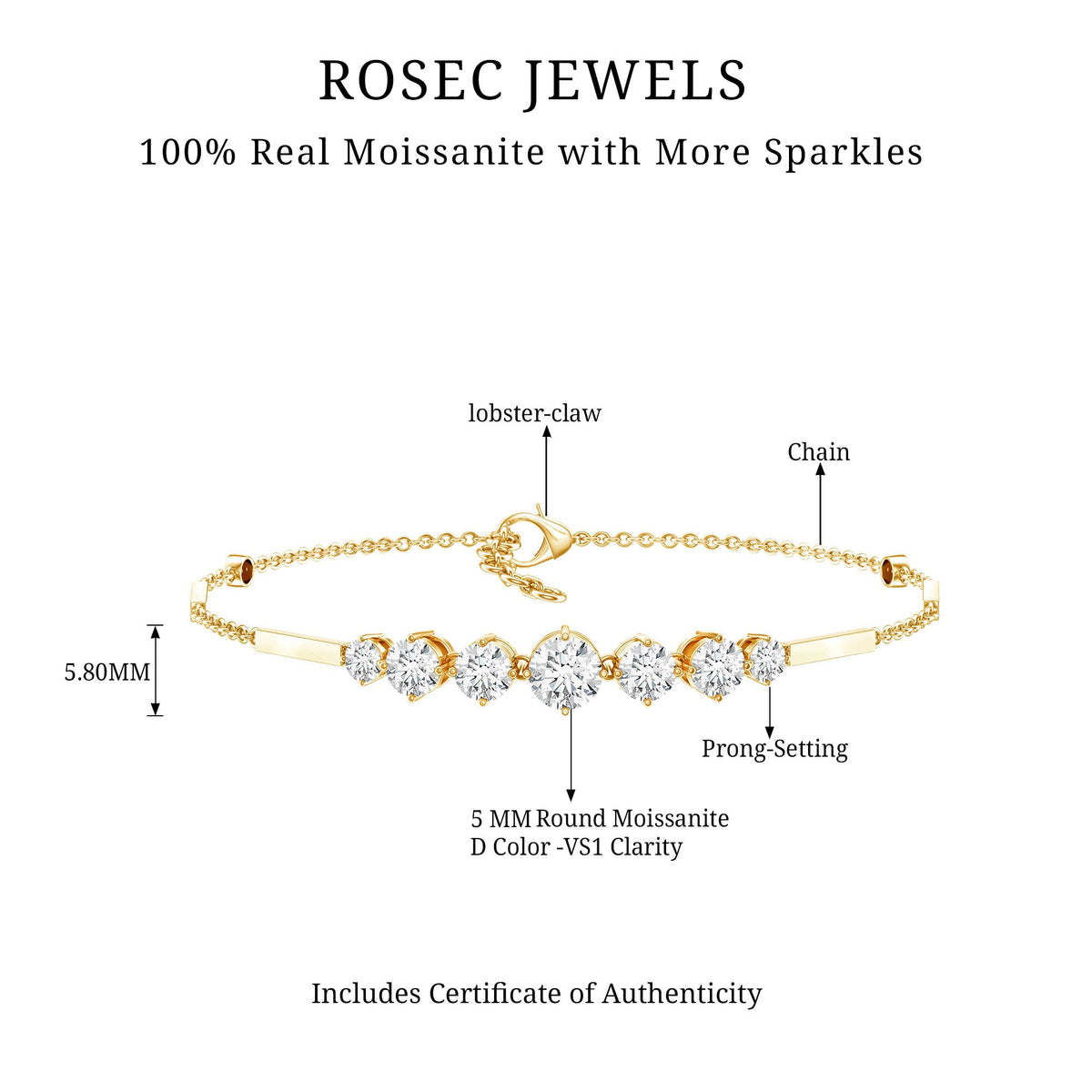 Round Moissanite Link Chain Bracelet for Women