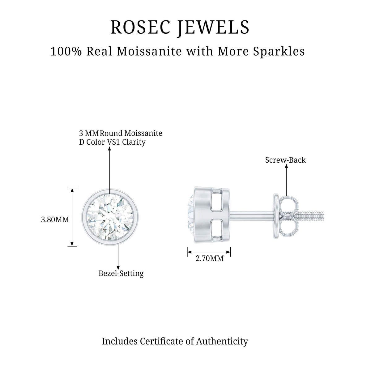 Dainty Moissanite Solitaire Stud Earrings in Bezel Setting