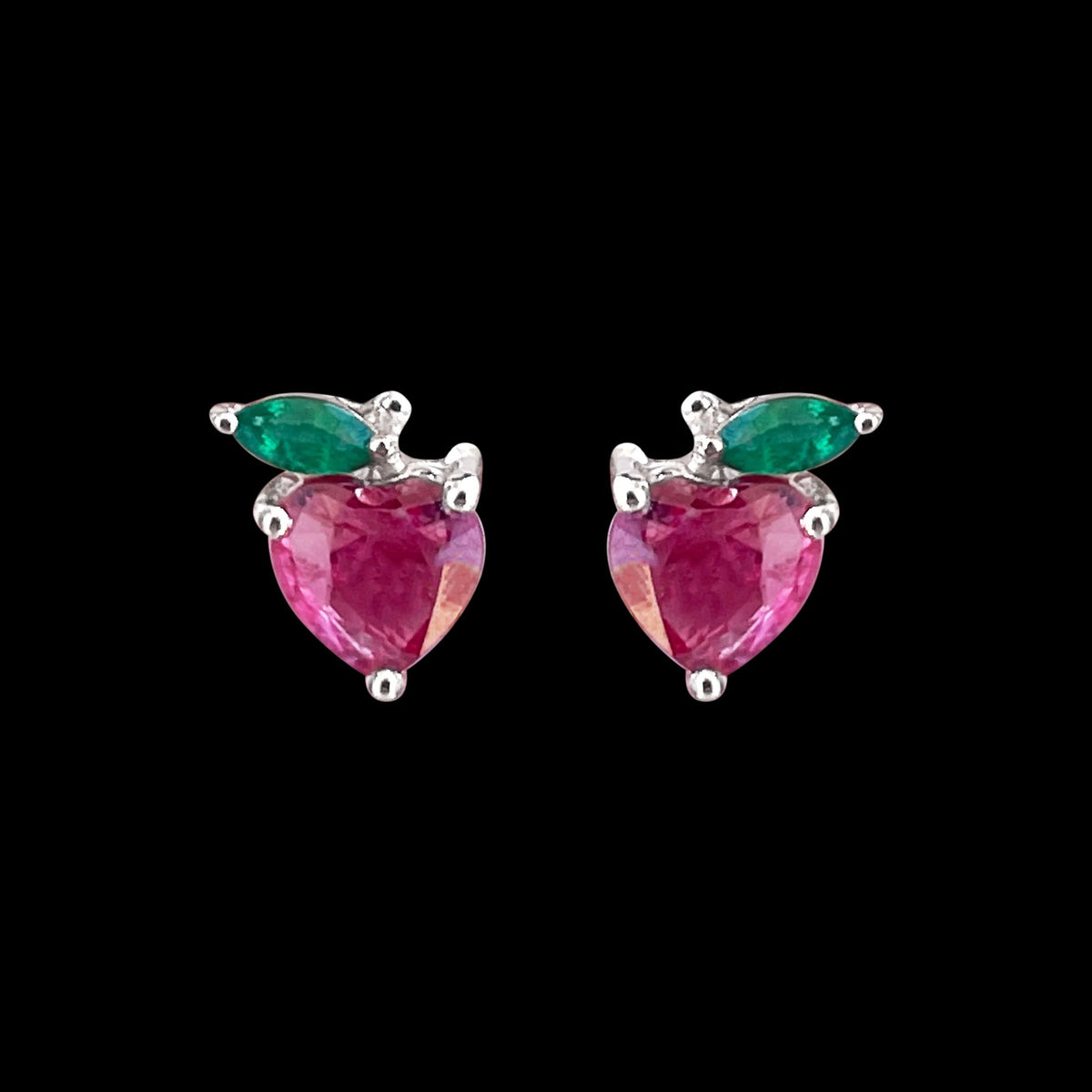 Heart Shape Ruby Strawberry Stud Earrings with Emerald