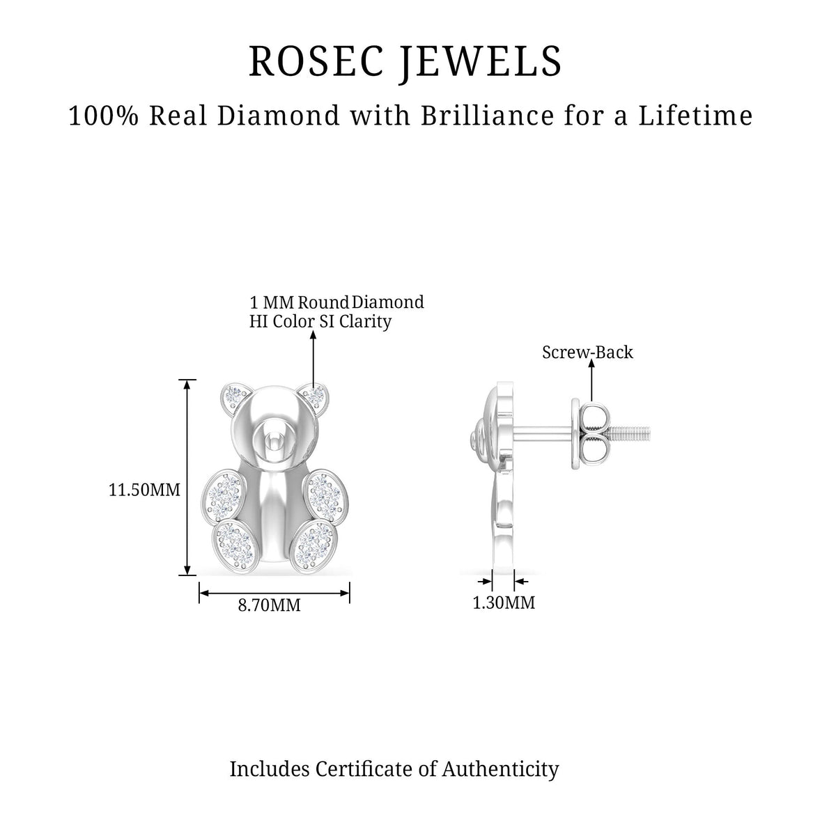 Teddy Bear Stud Earrings for Women with Diamonds