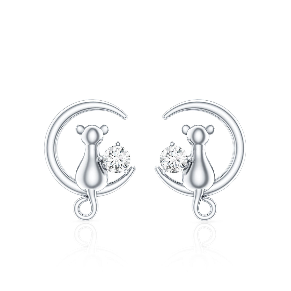Diamond Cat Moon Stud Earrings for Women