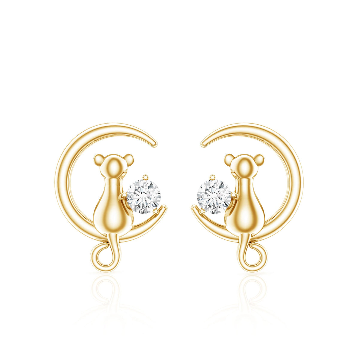 Diamond Cat Moon Stud Earrings for Women
