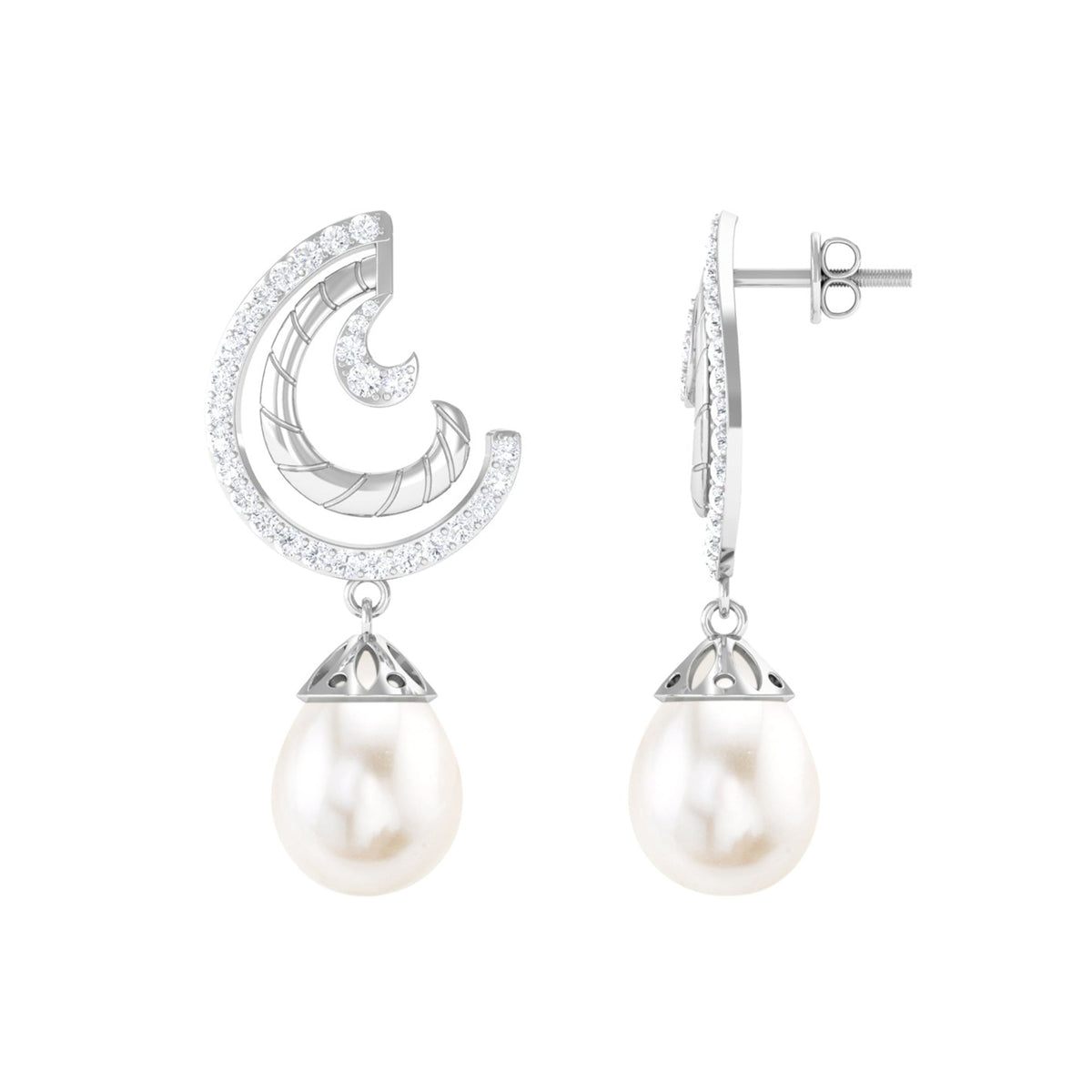 Designer Freshwater Pearl Bridal Drop Earrings with Diamond