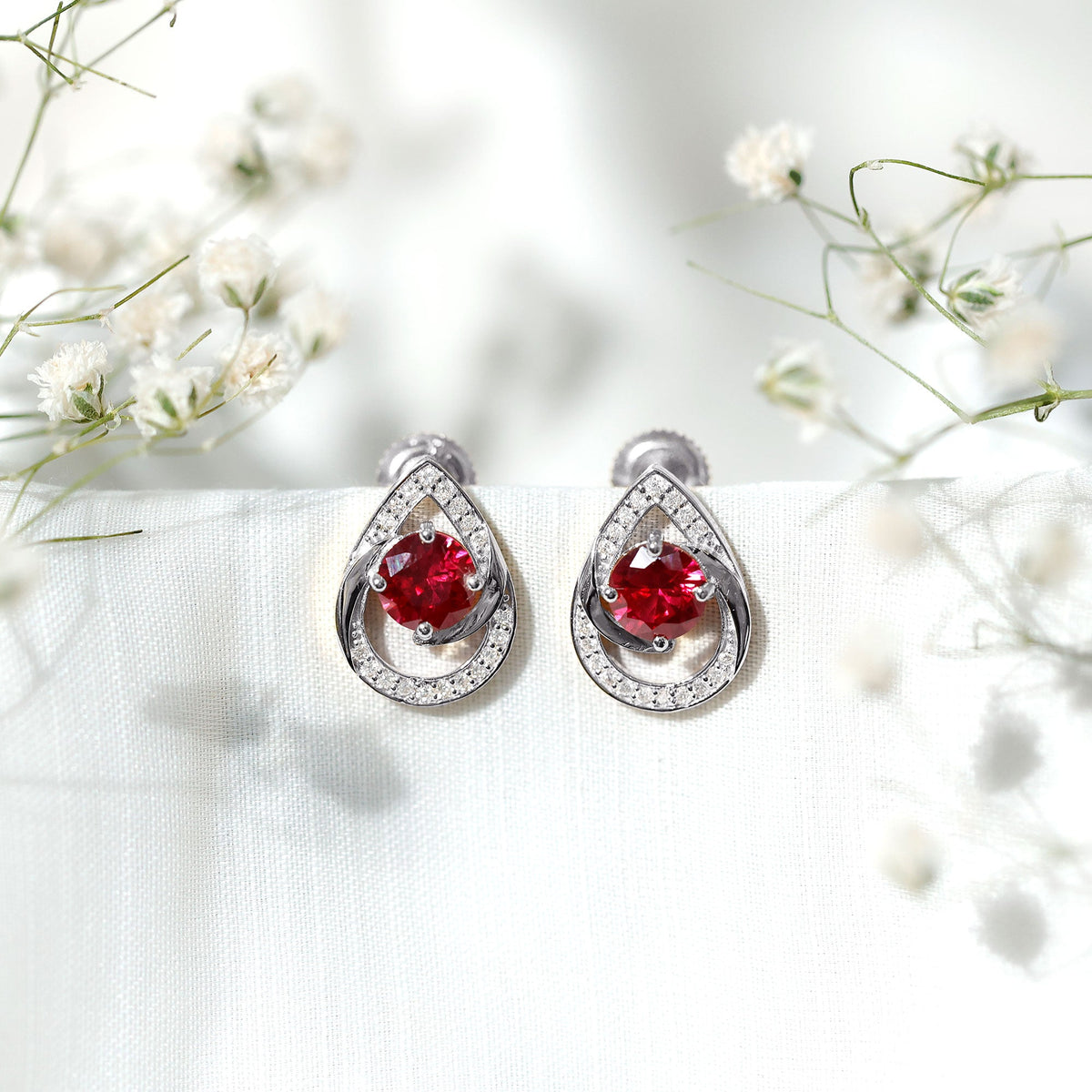 Lab Grown Ruby Teardrop Stud Earrings With Diamond