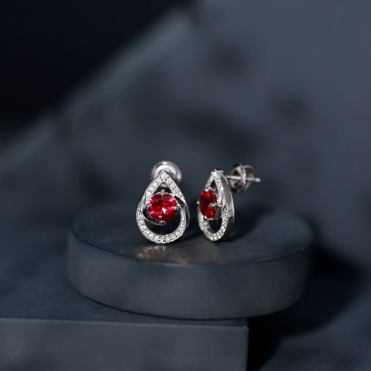 Lab Grown Ruby Teardrop Stud Earrings With Diamond