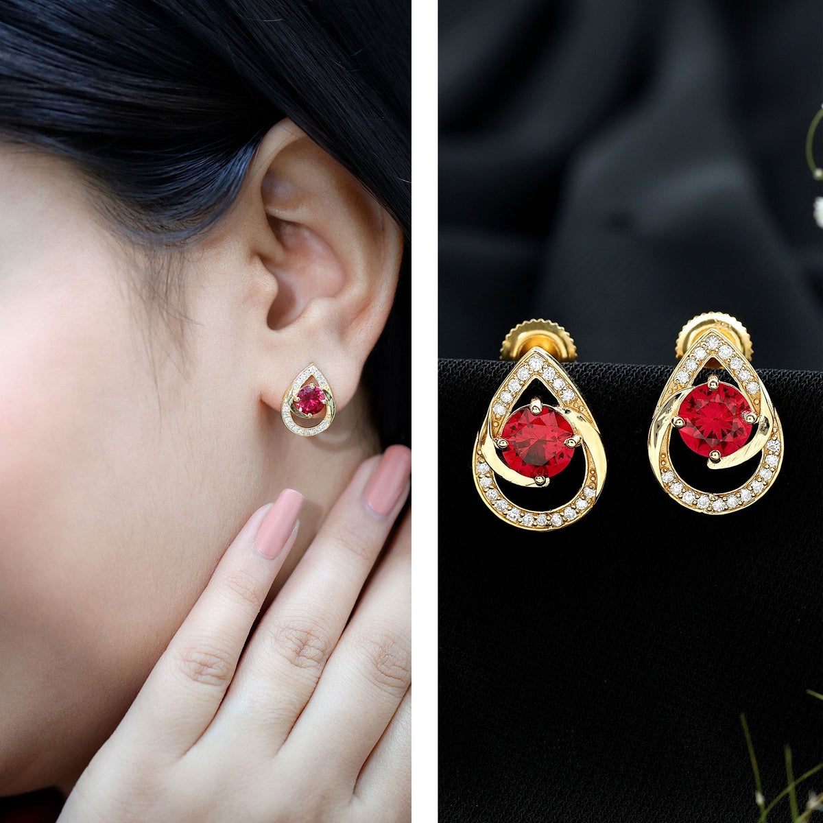 Lab Grown Ruby Teardrop Stud Earrings With Diamond