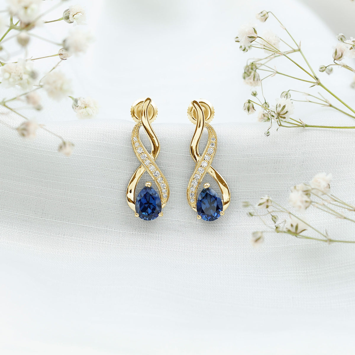Lab Grown Blue Sapphire Infinity Drop Earrings with Diamond