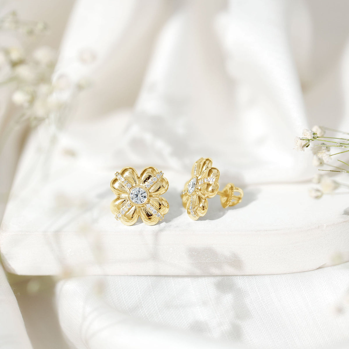 Lab Grown Diamond Flower Stud Earrings With Screw Back