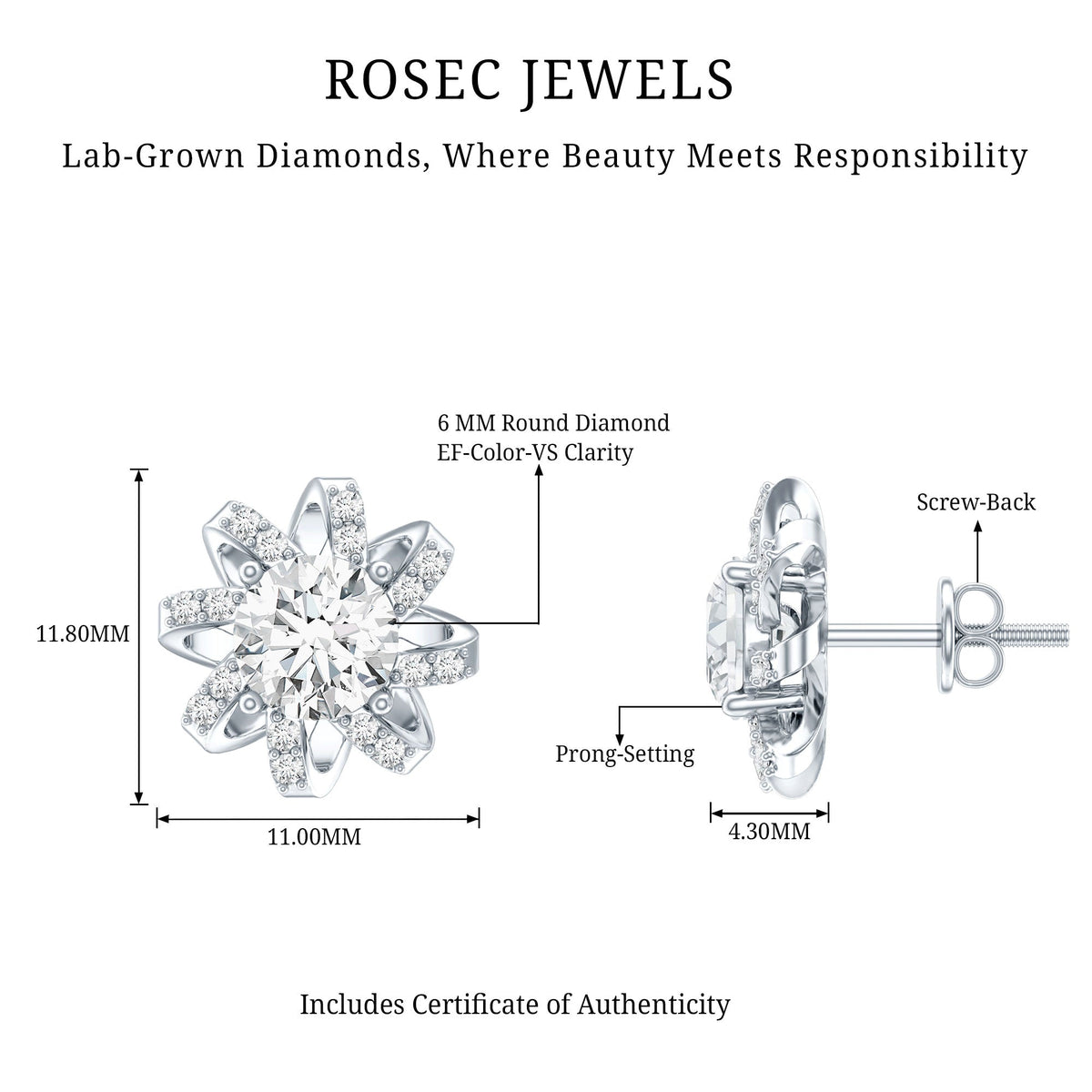 Lab Grown Diamond Round Solitaire Stud Earrings with Screw Back