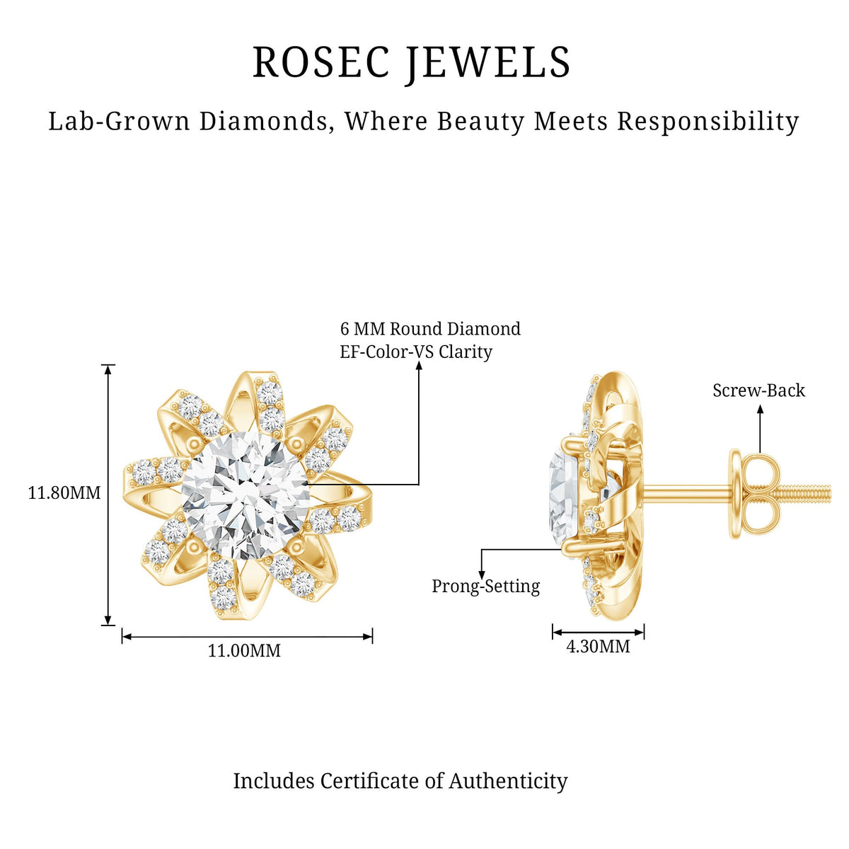 Lab Grown Diamond Round Solitaire Stud Earrings with Screw Back