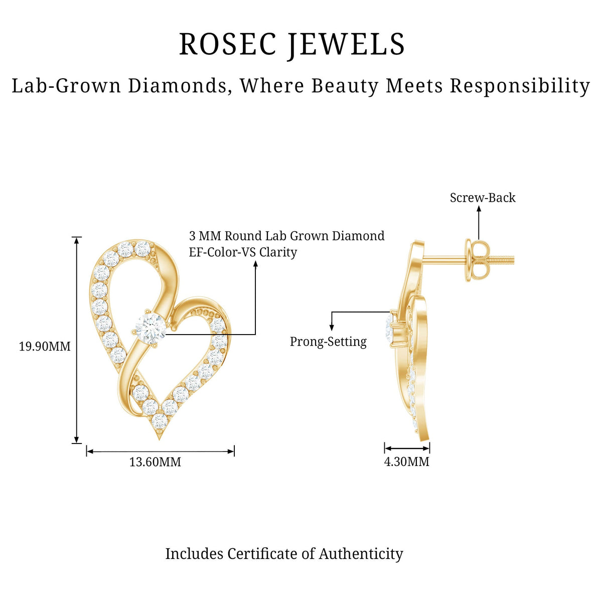 Lab Grown Diamond Heart Stud Earrings with Screw Back