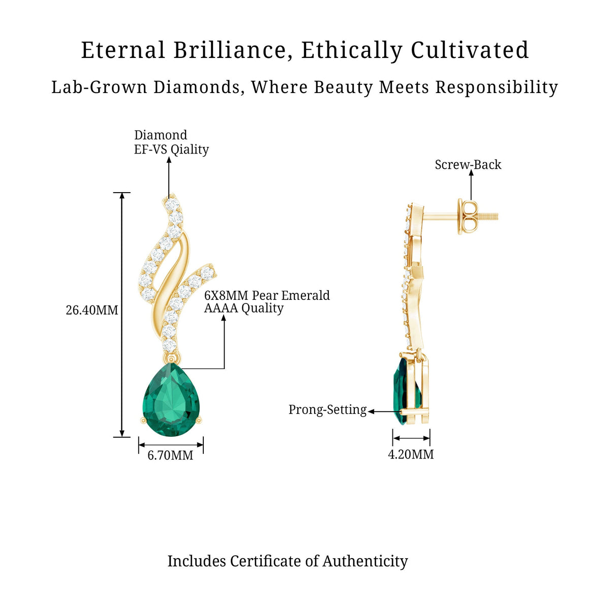 Vintage Lab Grown Emerald Teardrop Earrings with Diamond Accent