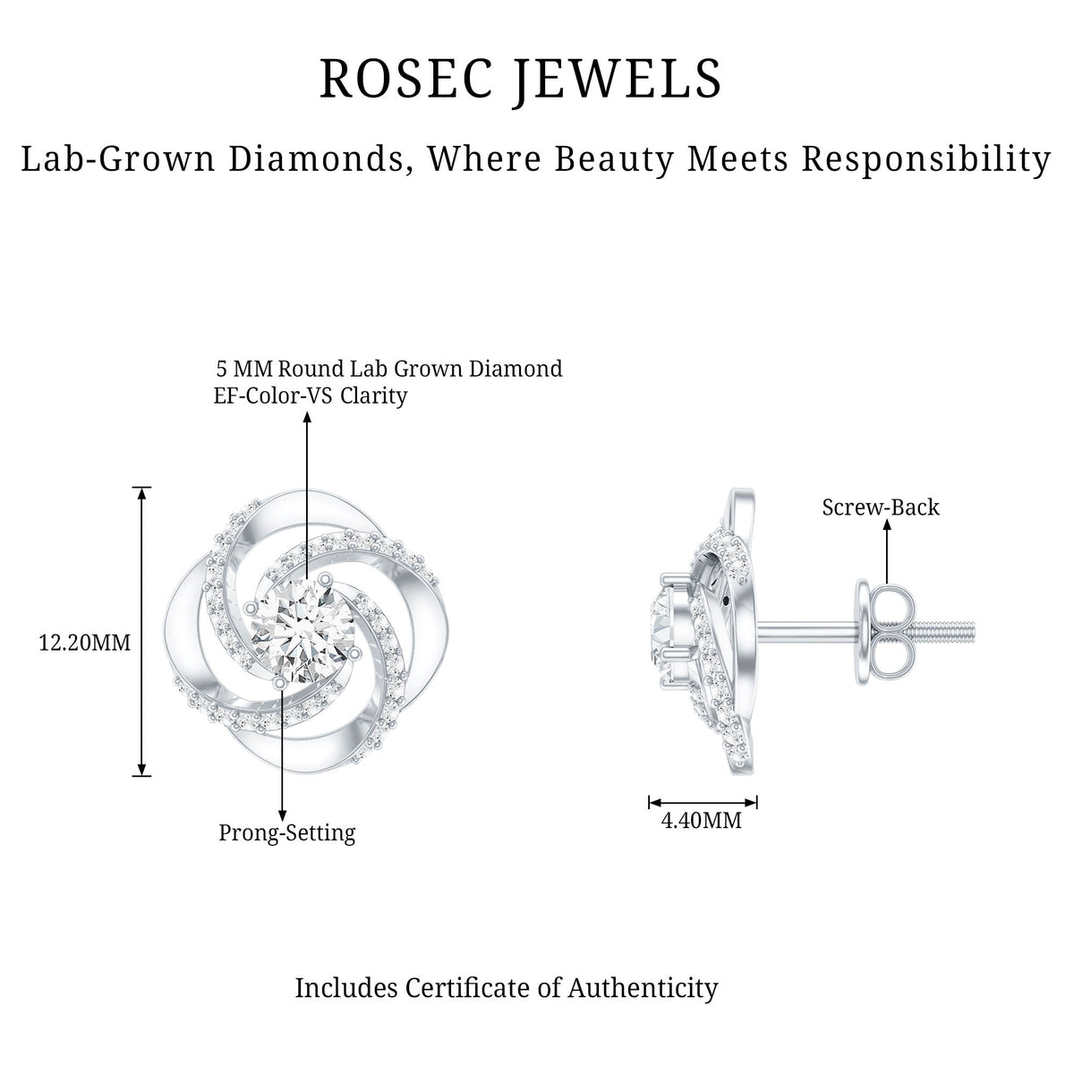 Certified Lab 0.9 Carat Round Diamond Swirl Stud Earrings