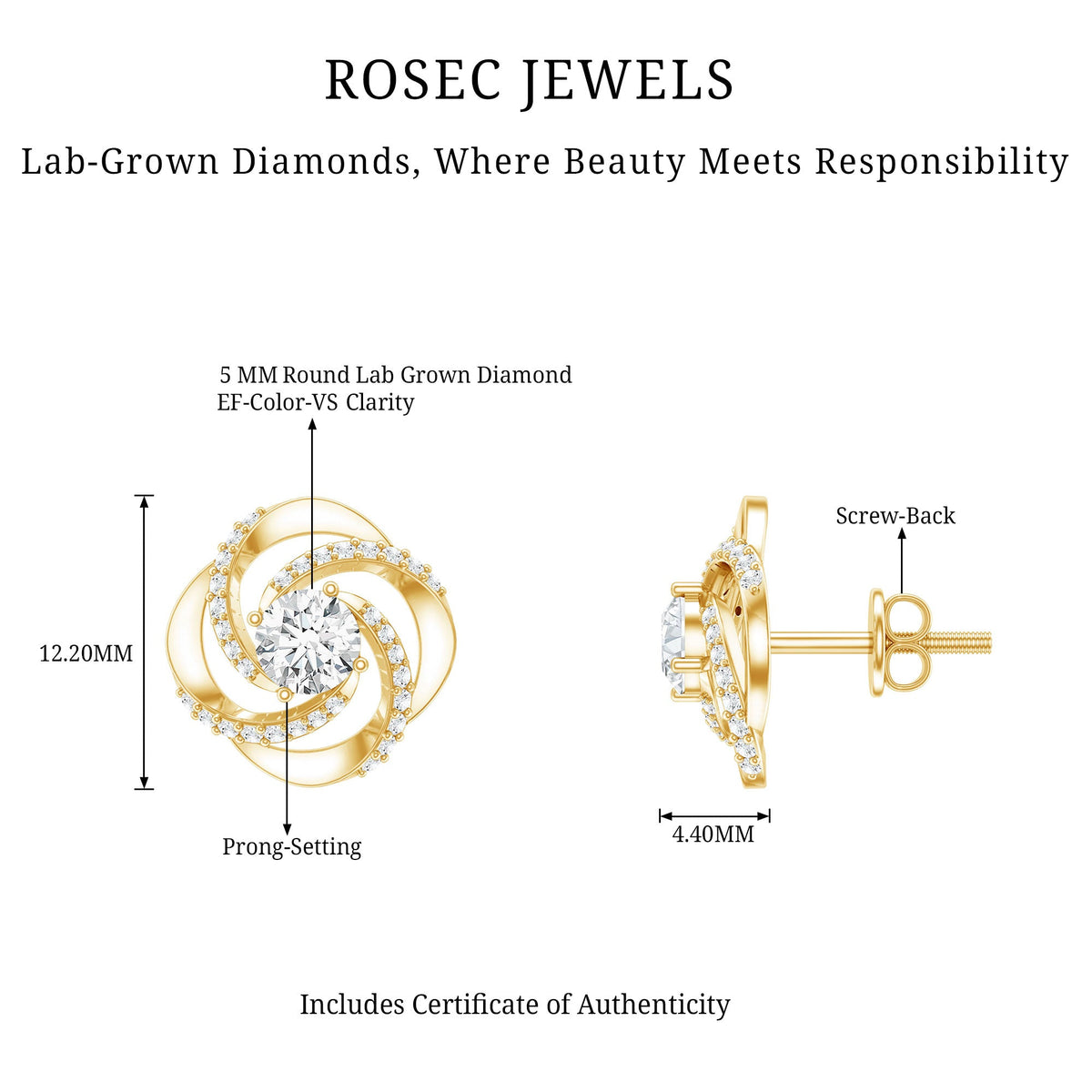 Certified Lab 0.9 Carat Round Diamond Swirl Stud Earrings