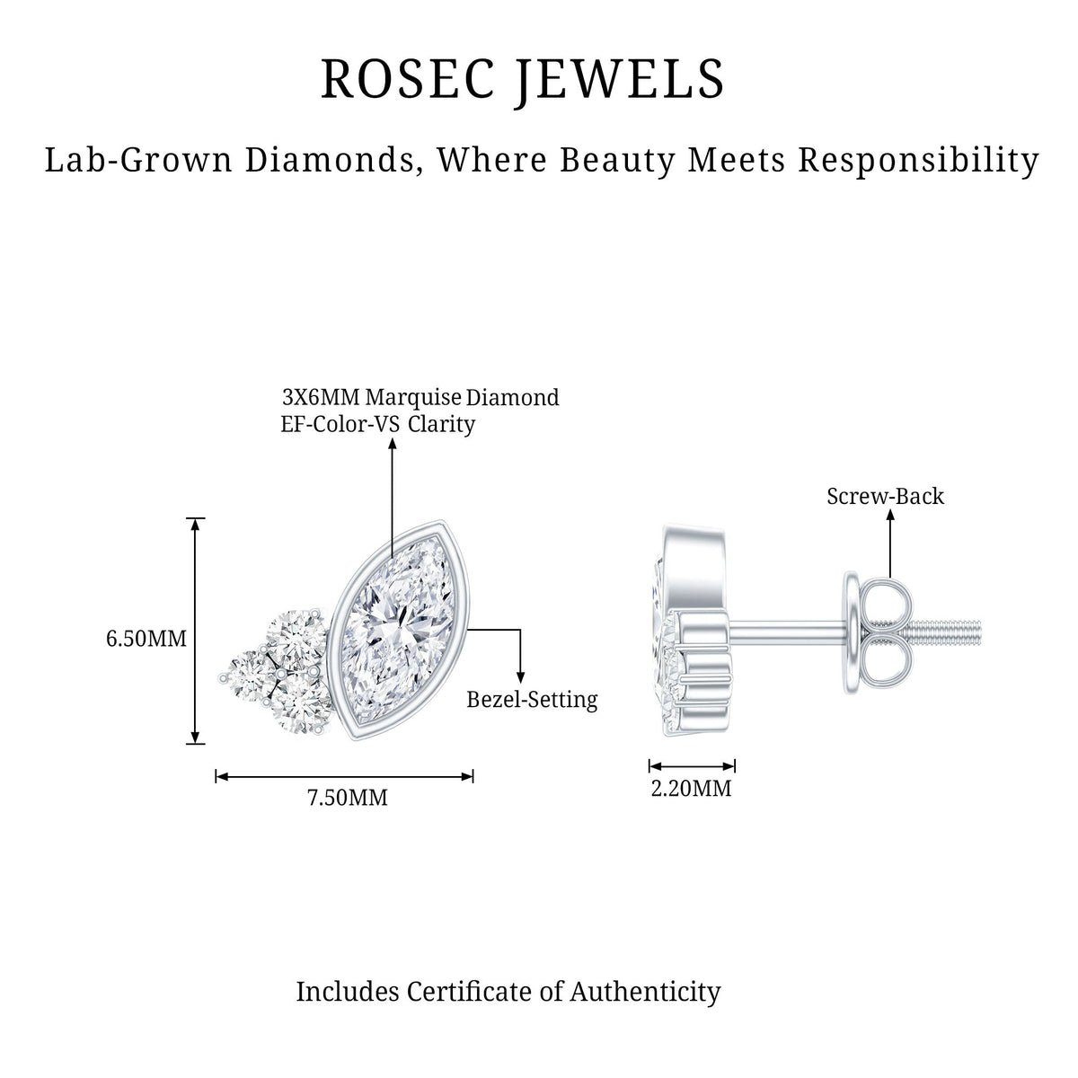 Bezel Set Lab Marquise Diamond Stud Earrings
